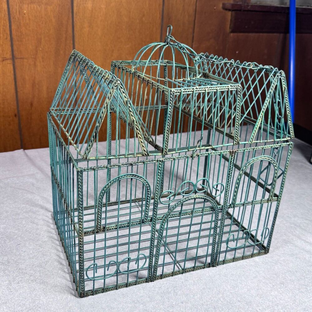 Vintage Green Wire Decorative Birdcage Triple Peak Victorian Style Garden Decor